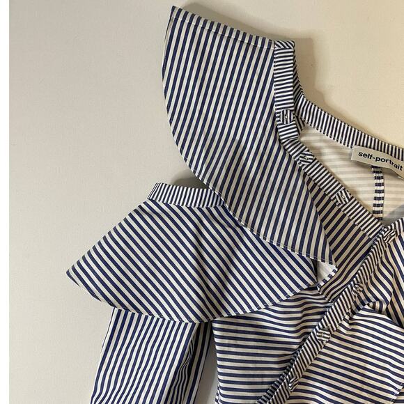 Self Portrait Asymmetrical Blue Striped Top Blouse Size 2 - Picture 8 of 13